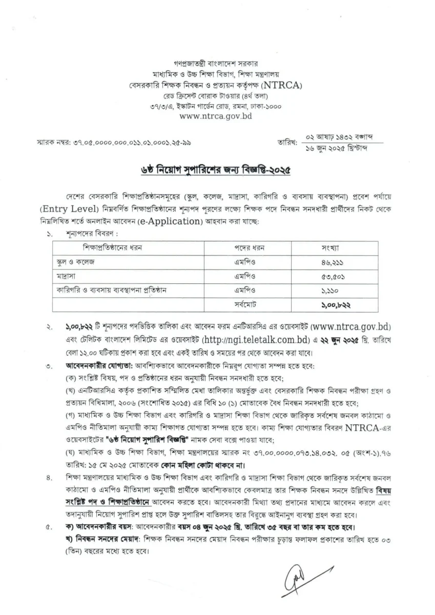 ৬ষ্ঠ গণবিজ্ঞপ্তি শিক্ষক নিবন্ধন ২০২৫ নোটিশ প্রকাশ। NTRCA শূন্য পদের তালিকা। 2 ৬ষ্ঠ গণবিজ্ঞপ্তি শিক্ষক নিবন্ধন ২০২৫ নোটিশ